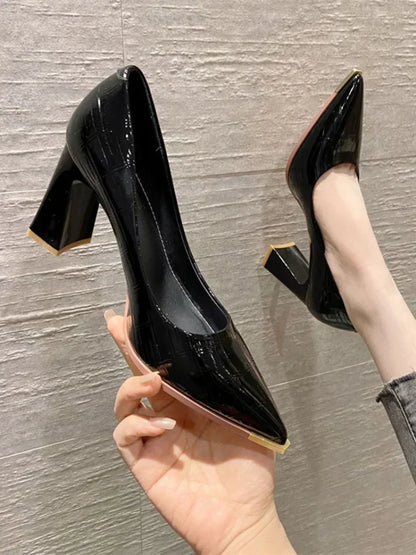 Women's Summer Footwear Block Heel Shoes for Woman Chunky Heels Pointed Toe Black Super High Normal Leather Casual Office A