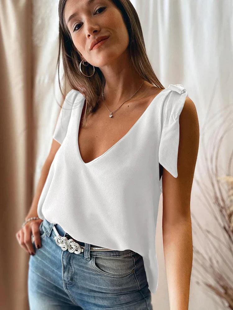 binfenxie  -   Deep V Neck Crop Top Women Sleeveless Office Lady Camis Women Casual Basic Summer Laceup Cropped Top Women Solid