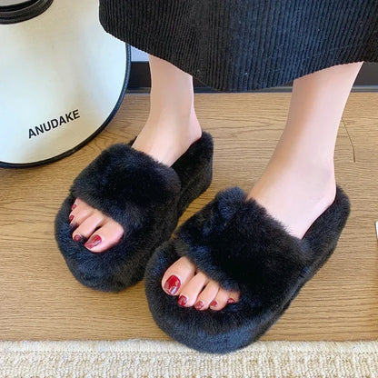 New Summer Fur Chunky Slippers Women Fashion Open Toe Platform Flats Heels 7cm Female Summer Comfort Beach Slides Shoes