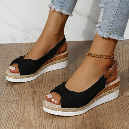 Summer Fashion Women Sandals Peep Toes Thick Sole Sloping Heels Comfortable Casual Shoes For Women Solid Buckle Bow Flat  Shoe