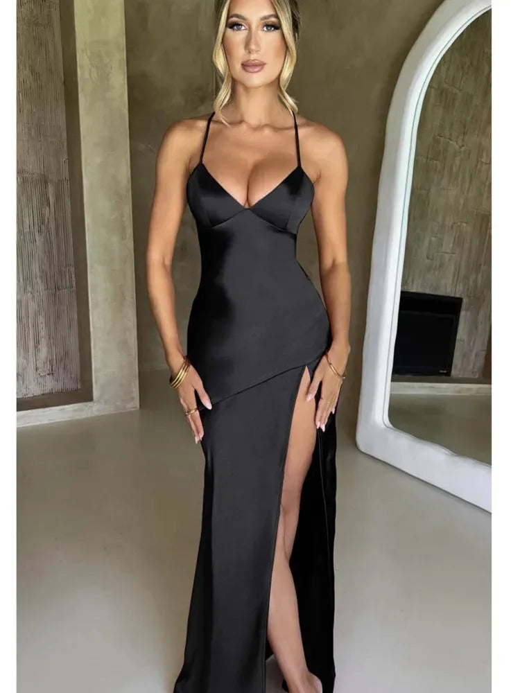 Sexy Strapless Satin Maxi Dress Women Open Back High Slit Slim Dress Women Spring Summer Elegant Party Club Vestidos