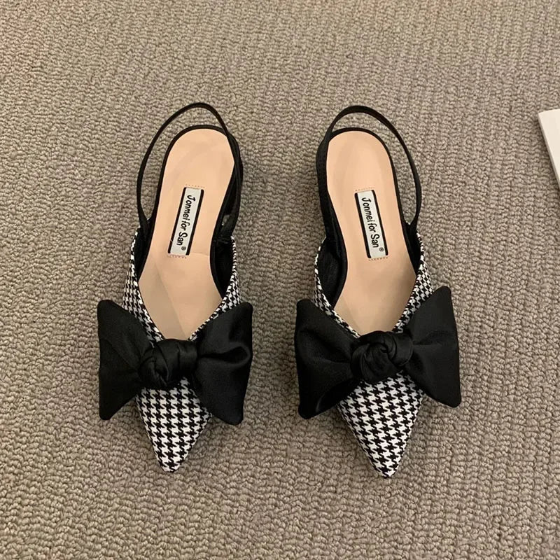 Women's Pumps Fashion Pointed Toe Bowknot Slingbacks Pumps Plaid Polka Dots Heels Slip-on Small Heel Sandals Casual Thin Shoes