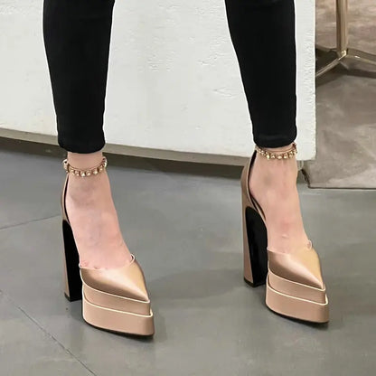 Futurecen Summer Water Platform Thick Heel Pointed Toe Satin High Heels New Fashion Catwalk Show Women's Single Shoes Fashion Pumps