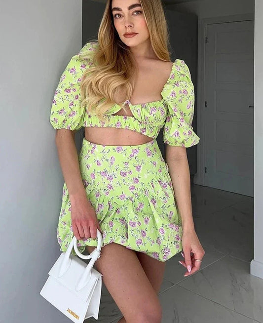 binfenxie Fashion French Style Pink Flower Green Corset Dress Set Mini Summer Vintage Women Puff Sleeve Dress Sexy Short Dress Beach