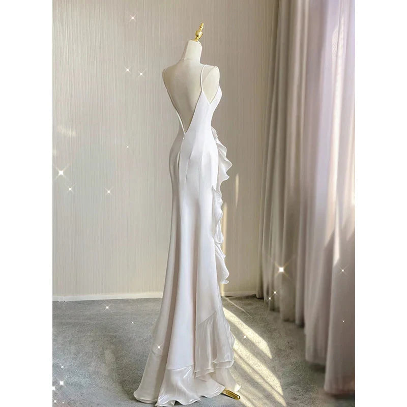 binfenxie Elegant White Round Neck Slim Fit Sleeveless Women Wedding Dress Evening Party Gown with Ruffles Vestidos De Novia