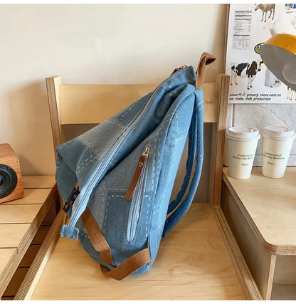 binfenxie New Women Denim Vintage College Backpack Lady Leisure Retro Trendy Female Patchwork Book Bag Fashion Girl Cute Travel School Bag