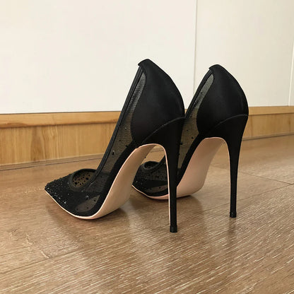 Futurecen Black Mesh Rhinestones Women Satin Gauze Pointy Toe Stiletto Pumps 8cm 10cm 12cm High Heel Elegant Shoes for Summer