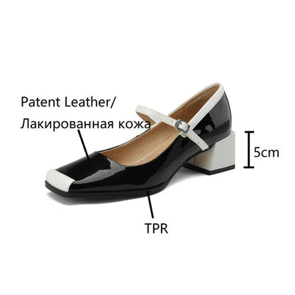 Futurecen  Spring/Autumn Women Shoes Square Toe Chunky Heel Mary Janes Mixed Color Women Pumps Patent Leather Shoes Fashion High Heels