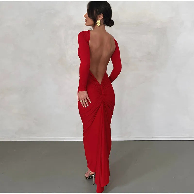 Backless Pleated Midi Dress Women Fashion O-Neck Long Sleeve Dresses Spring Chic Female Sexy Party Evening Outfits