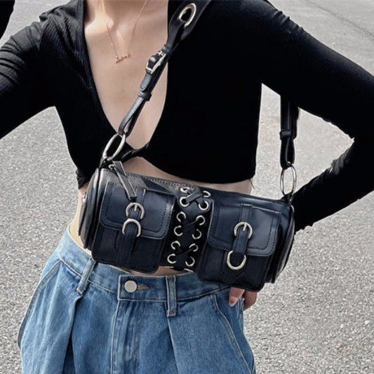 binfenxie Vintage Black Women Cylinder Underarm Bags Double Pocket Design Ladies Shoulder Bag Fashion Female PU Leather Purse Handbags