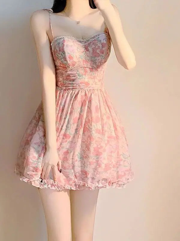 binfenxie Sweet New Pink Sexy Dress Sweet Fresh Style Fragmented Flowers Print Waist Wrapped Slim Student Summer Short Lovely