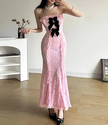 Winter Bachelor Party Formal Pink Sweet Tight Sexy Mature Beautiful Confident Women'S Long Pleated Chest Wrap Dress