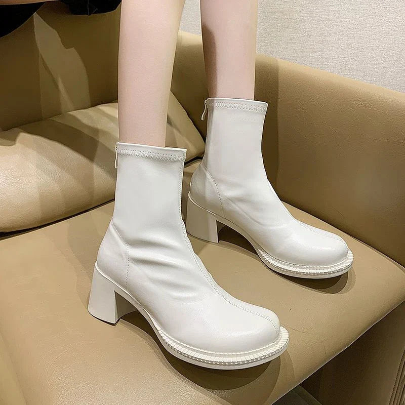 Short Shoes for Women Very High Heels Punk Style Booties Combat Female Ankle Boots White Footwear Heeled Round Toe Fashion