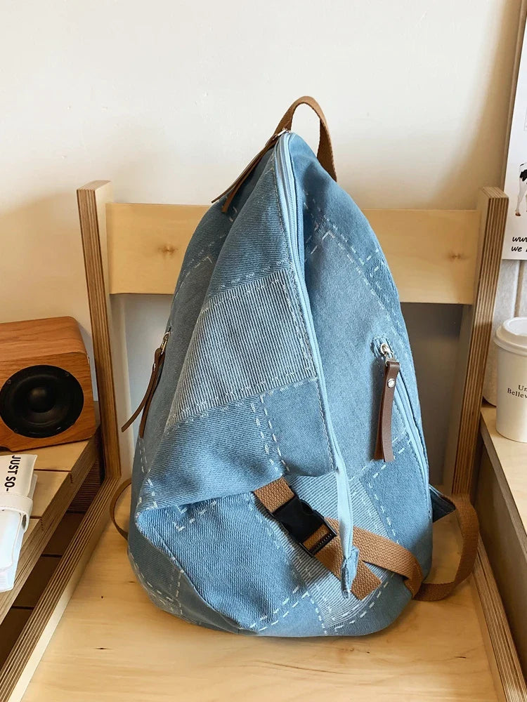 binfenxie New Women Denim Vintage College Backpack Lady Leisure Retro Trendy Female Patchwork Book Bag Fashion Girl Cute Travel School Bag