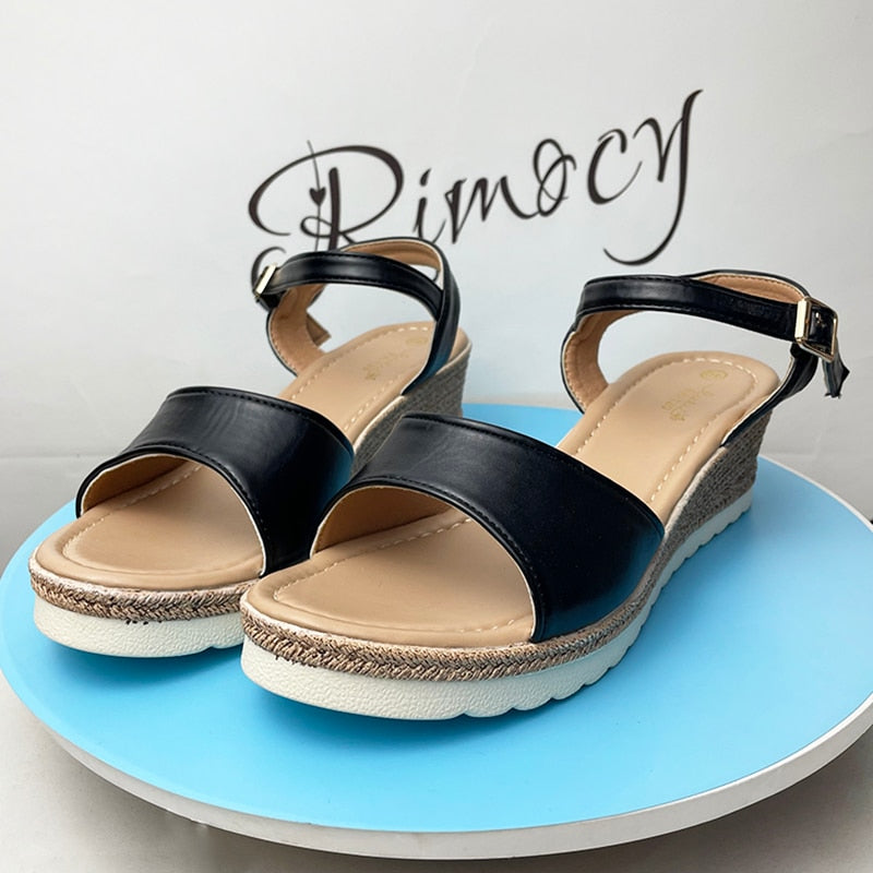 Fashion Wedge Women's Sandals Summer Lightweight Non Slip Beach Shoes Woman Black PU Leather Platform