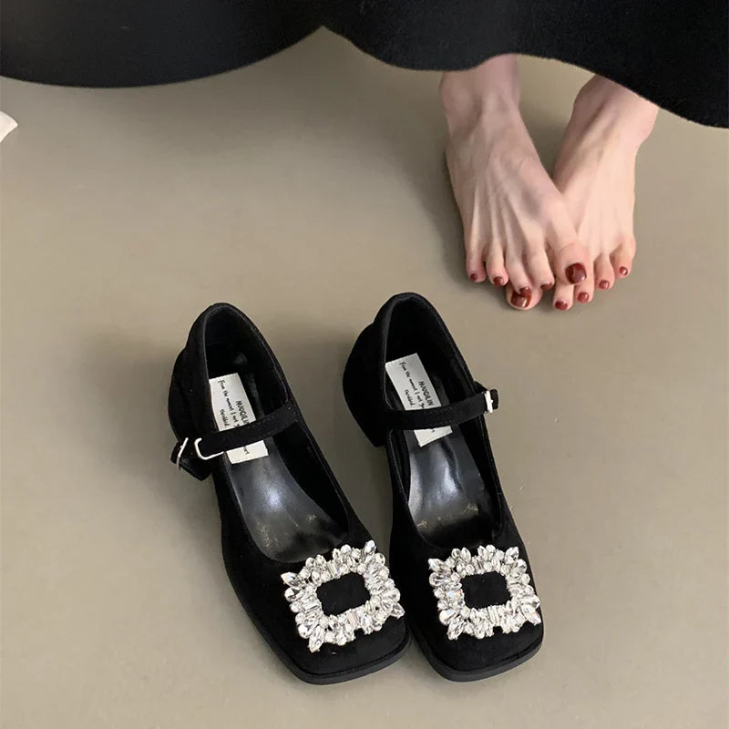 Futurecen 2024 Spring Crystal Women Mary Jane Shoes Fashion Elegant Square Toe Low Heel Shoes Ladies Comfort Party Dress Pumps