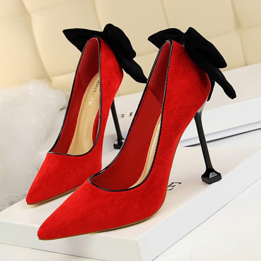 Women Sexy Slim High Heels Women's Stiletto High Heel Sandsals Suede Shallow Mouth Pointed Toe Bowknot Shoes