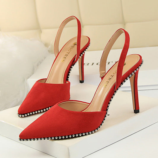 Women Nightclub Slim High-heeled Shoes Suede Shallow Strap Rivet Pointed Toe Women's Sandals