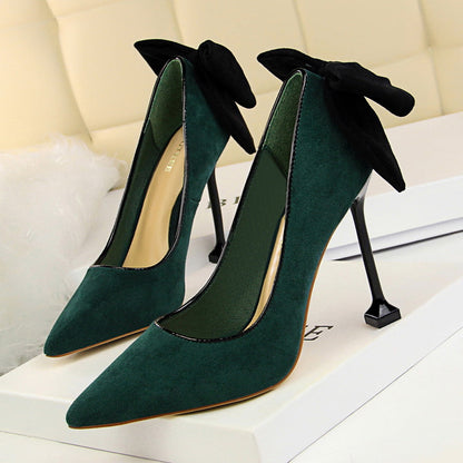 Women Sexy Slim High Heels Women's Stiletto High Heel Sandsals Suede Shallow Mouth Pointed Toe Bowknot Shoes