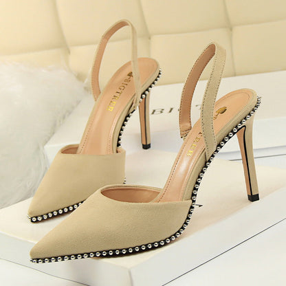 Women Nightclub Slim High-heeled Shoes Suede Shallow Strap Rivet Pointed Toe Women's Sandals