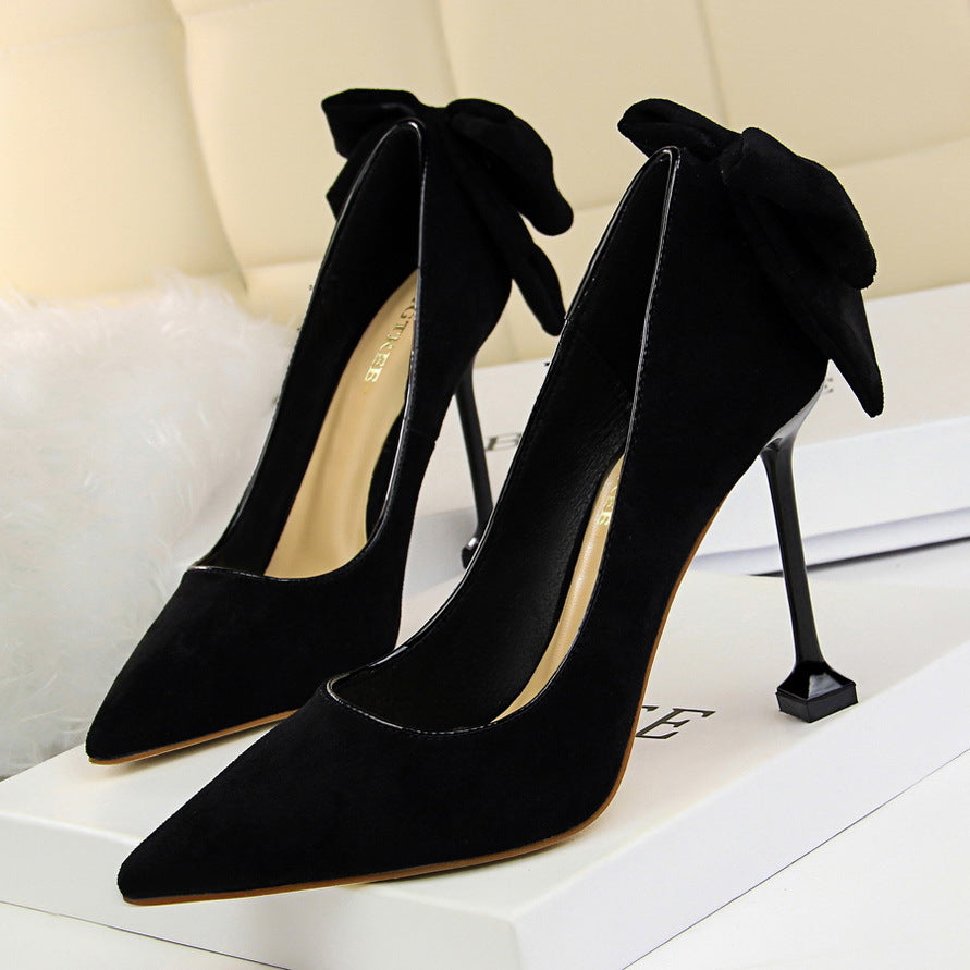 Women Sexy Slim High Heels Women's Stiletto High Heel Sandsals Suede Shallow Mouth Pointed Toe Bowknot Shoes