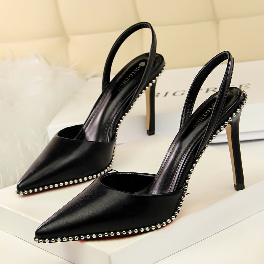 Women Nightclub Slim High-heeled Shoes Suede Shallow Strap Rivet Pointed Toe Women's Sandals