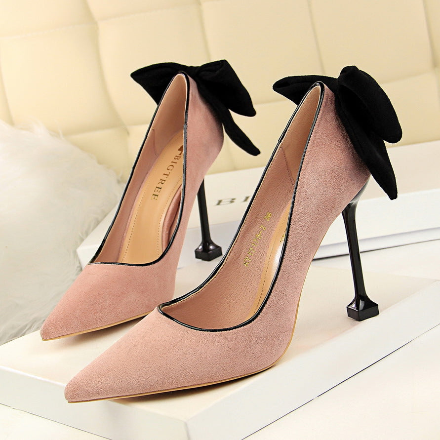 Women Sexy Slim High Heels Women's Stiletto High Heel Sandsals Suede Shallow Mouth Pointed Toe Bowknot Shoes