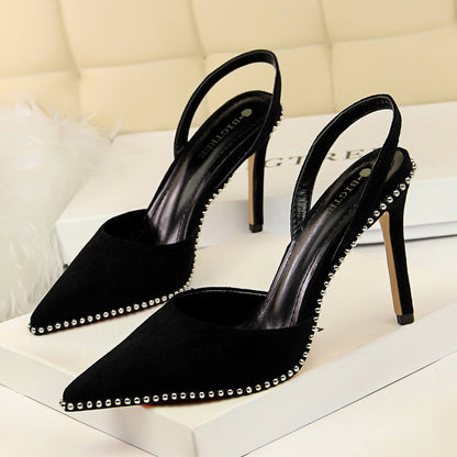 Women Nightclub Slim High-heeled Shoes Suede Shallow Strap Rivet Pointed Toe Women's Sandals