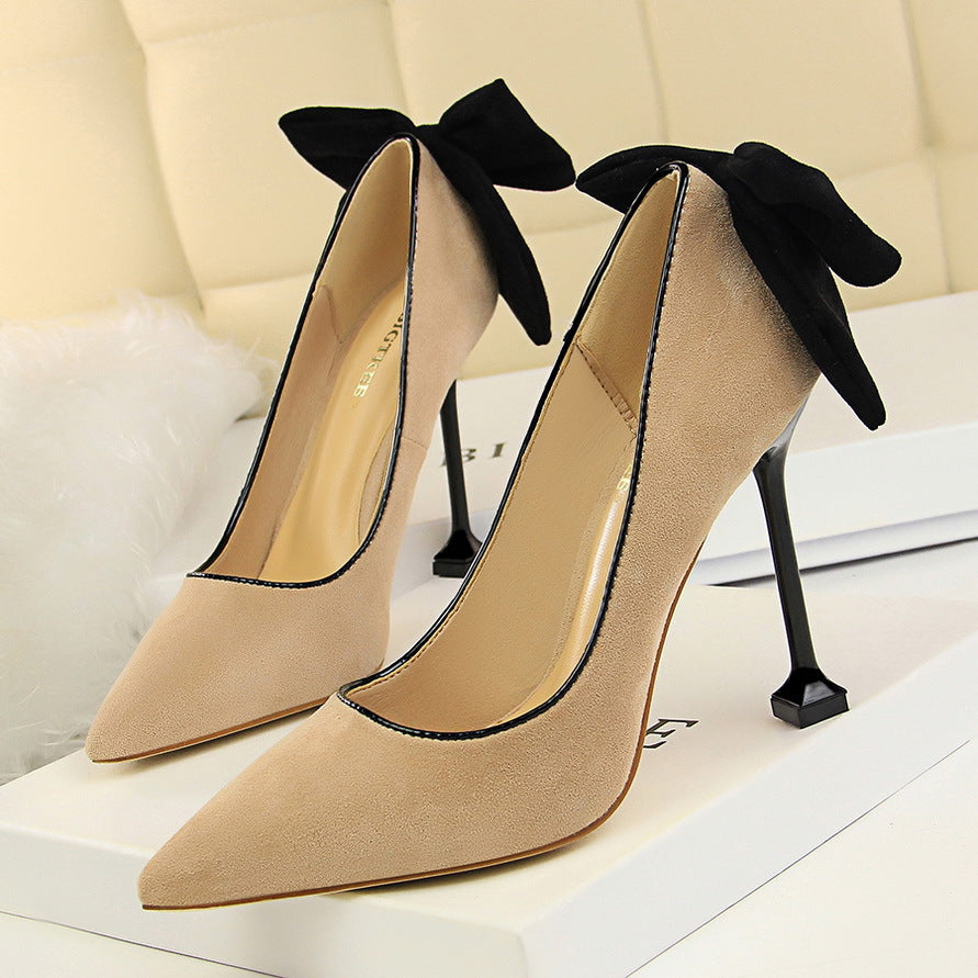 Women Sexy Slim High Heels Women's Stiletto High Heel Sandsals Suede Shallow Mouth Pointed Toe Bowknot Shoes