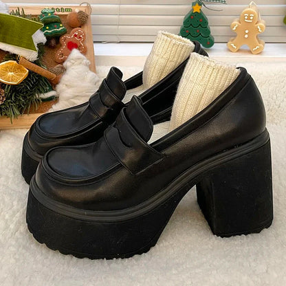 Pu Leather Women's Platform Loafers Gothic Black Chunky High Heels Pumps Woman Preppy Style Jk Uniform Shoes Mujer