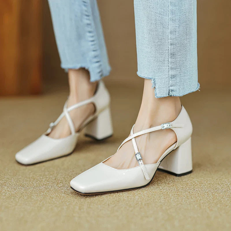 binfenxie Women Pumps 6 cm Mary Jane Shoes French Style  Patent Leather Sandals Buckle Spring Autumn Pumps Square Toe Lady Shoes