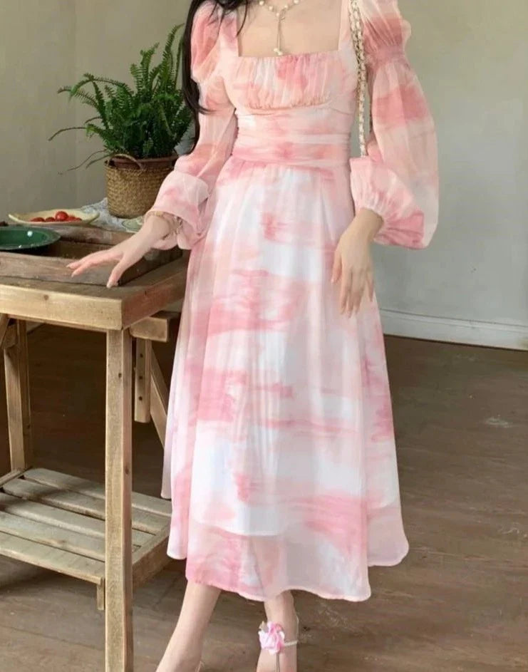 New French Elegant Print Midi Dress Woman Summer Casual Pink One Piece Sundress Lady Fashion Evening Party Vestidos