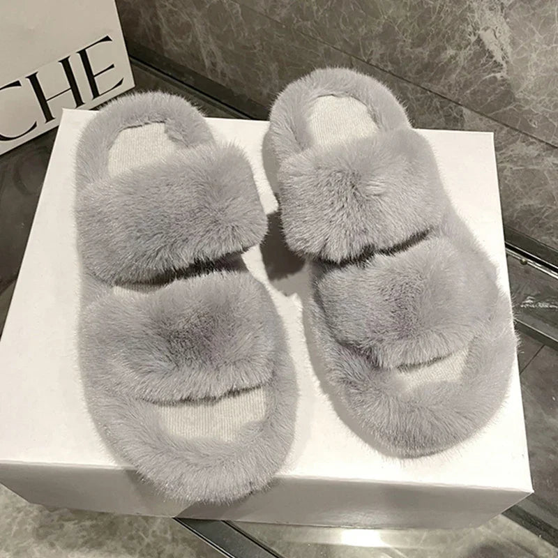 Winter Fluffy Slippers Women New House Home Fur Slippers For Women Flat Platform Cozy Fuzzy Indoor Shoes Korean Slides