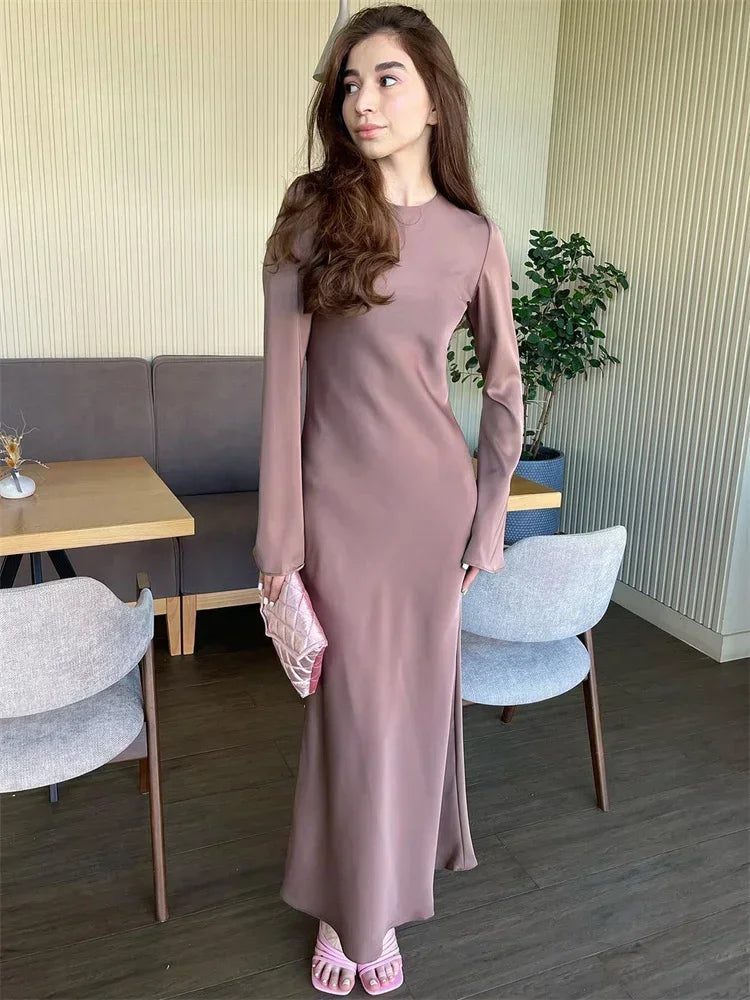 binfenxie Satin Fashion Slim Maxi Dress For Women Long Sleeve High Waist Elegant Solid Party Dress Casual Luxury Ladies Autumn Dress