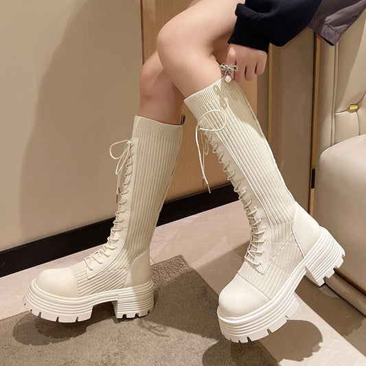 Autumn Winter New Chunky Platform Long Boots Women Thick-soled Stretch Knitted Knee High Boots Woman