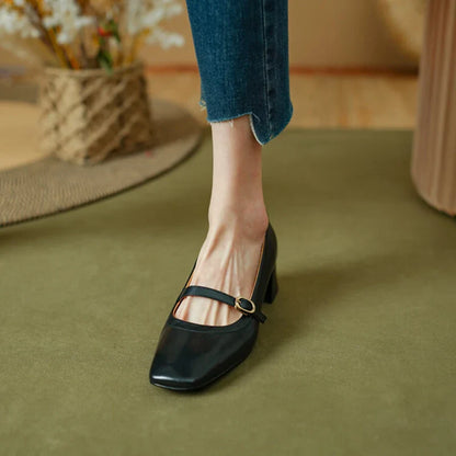 Futurecen  -  NEW Spring/Autumn Women Pumps Genuine Leather Shoes for Women Square Toe Chunky Heel Shoes Concise Mary Janes Buckle Black Shoes