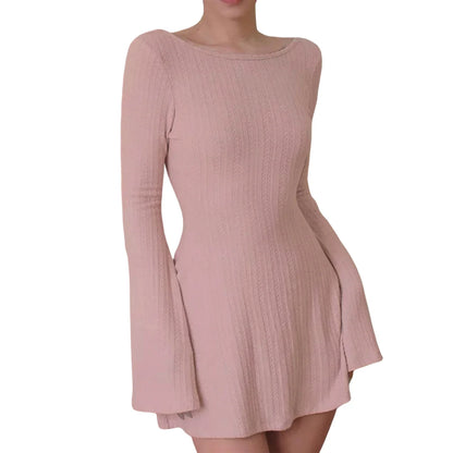 binfenxie Solid Color Ribbed Knit Sweater Dress with A-Line Swing Silhouette - Casual Long Sleeve Crewneck Bodycon Short Dress