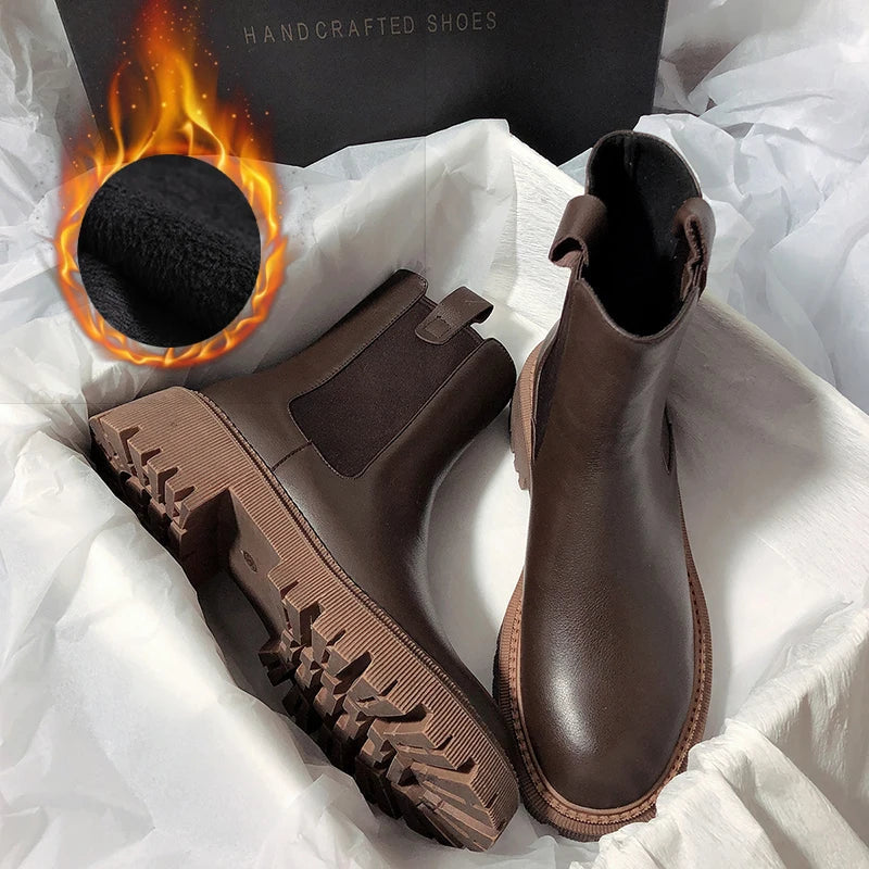 Autumn Winter Women Ankle Boots Fashion Round Toe Slip On Ladies Casual Short Boots Thick Bottom Chelsea Shoes