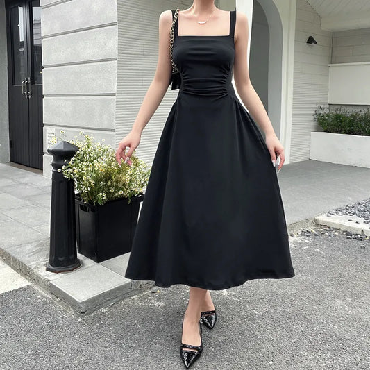 binfenxie Summer Elegant Casual A-Line Satin Midi Dress Women Sleeveless Vintage Party Birthday Vestidos Female Chic Solid Robe