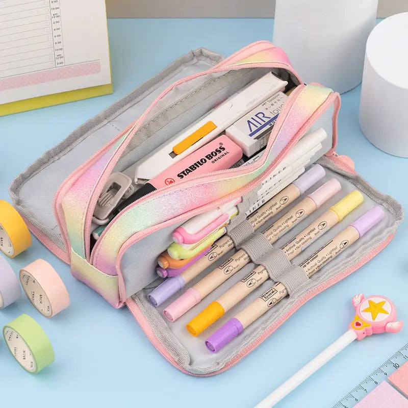 binfenxie Kawaii School Pencil Case Kids Lattice Cotton Linen Multilayer Big Capacity Pencil Box Cute Pensil Case Pen Bag Estuche Escolar