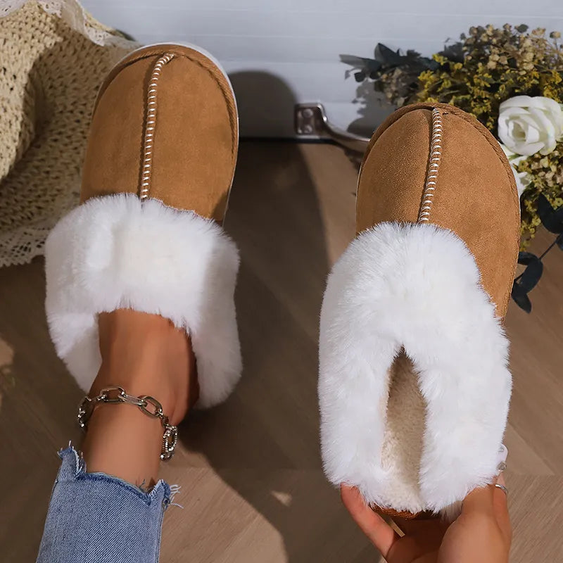 Winter Fur Slippers Women Faux Suede Fluffy Furry Home Slides Woman Comfort Non Slip Indoor Floor Cotton Shoes 45