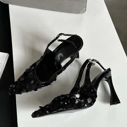 Futurecen Sequin Cloth Slingbacks High Heels Women Pumps Sexy Shallow Pointed Toe Buckle Strap Banquet Dress Female Shoes