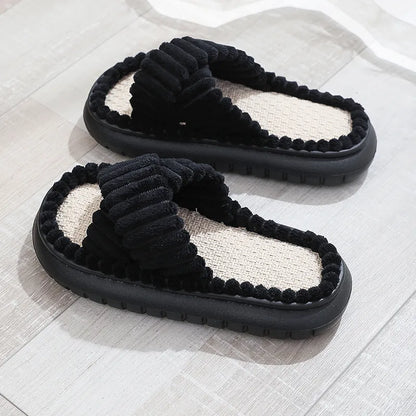 New Women Home Slippers Autumn Winter Open-Toe Cross Band Linen Soled Indoor Slides Linen Soled Non-Slip Bathroom Slippers