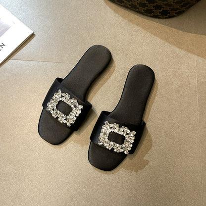 Summer New Square Rhinestones Satin Flat Slippers for Women Shoes Fashion Slides Comfort Light Sandals Female Silk Sandalia