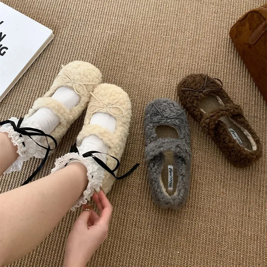 binfenxie  -    Winter New Women Flat Shoes Fashion Furry Ladies Casual Mary Jane Shoes Soft Outdoor Dress Round Toe Ballerinas Shoes