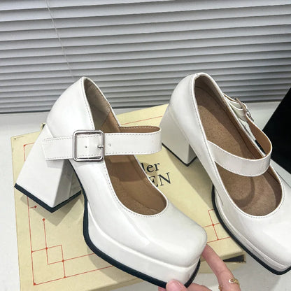 Pink Black Red Heeled Women Pumps Mary Janes Shoes Square Toe White High Heels Female Working Party Dance Shoes Spring