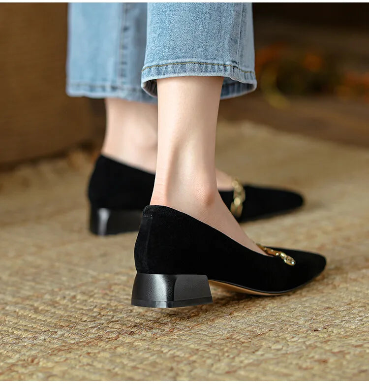 Futurecen Spring/Autumn Women Pumps Sheep Suede Leather Shoes for Women Square Toe Chunky Heel Women Shoes Chain Office Ladies High Heels