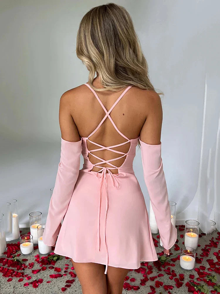 Elegant Pleated Bust Lace Up Back Mini Dress Women Summer New Long Sleeve Backless Bodycon Sexy Party Club Dress