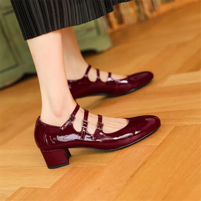 Spring/summer Mary Jane Shoes Patent Leather Woman Shoe French Square Toe Thick Heel Shoes Women Buckle Strap Commute Pumps