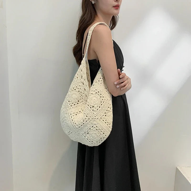 binfenxie Straw Woven Hollow Out Shoulder Bags Large Capacity Casual Versatile Unique Design Handbags for Women Fashion New Tote